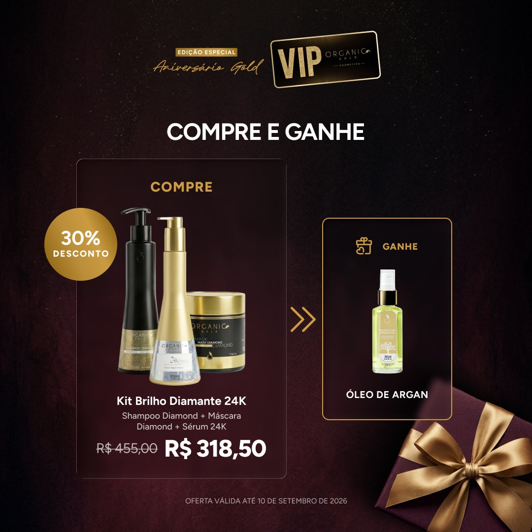 Kit Brilho Diamante 24K Organic Gold - Shampoo Diamond + Máscara Diamond + Sérum 24K