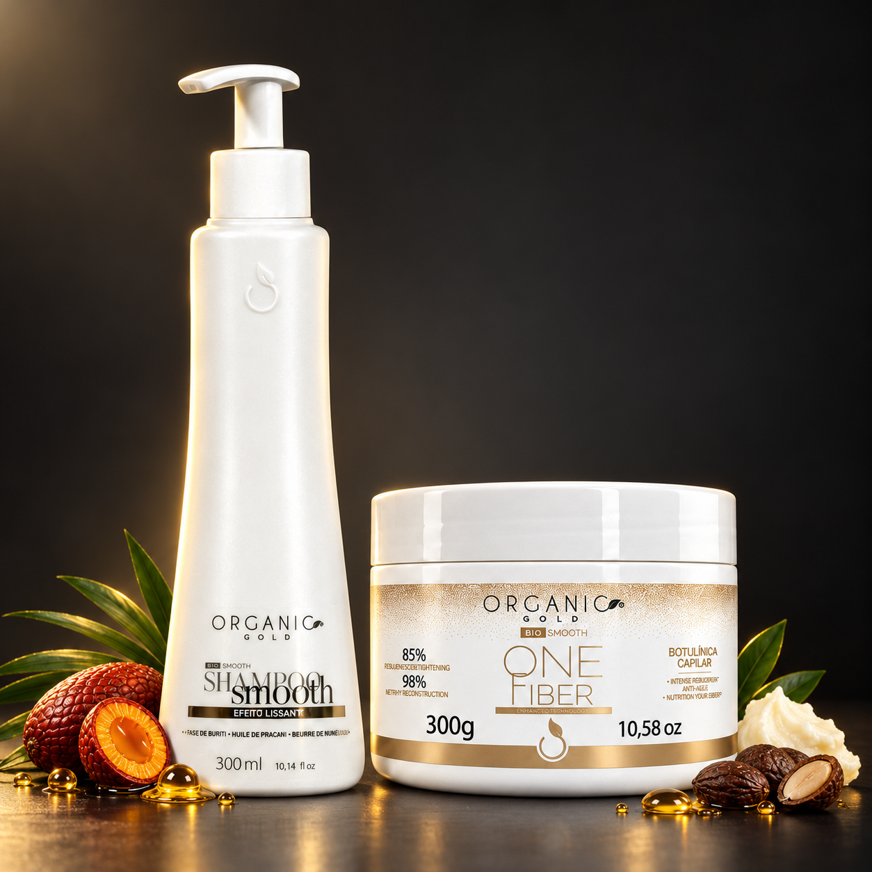 Kit Smooth One Fiber Organic Gold - Limpeza Suave e Redução de Volume 300ml + 300g