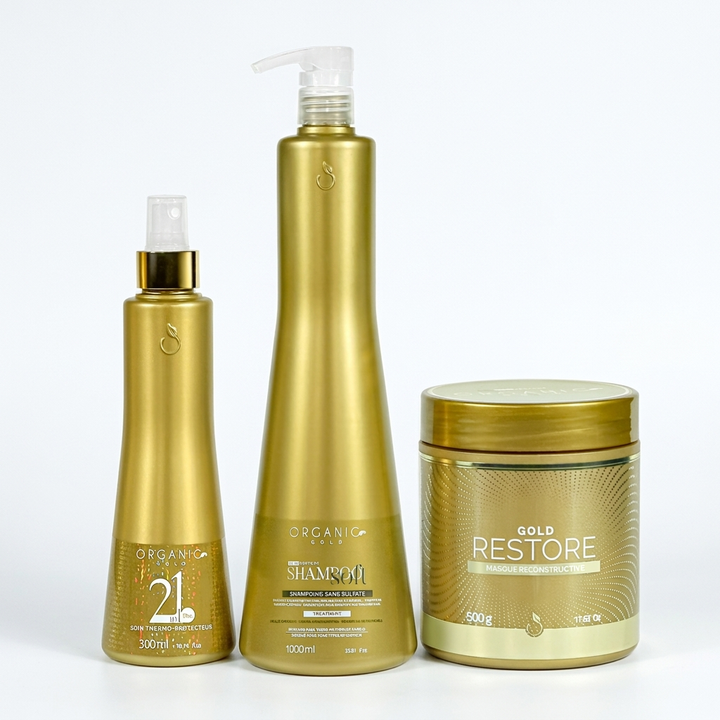Kit Gold Restore Organic Gold - Shampoo 1L + Máscara 500g + Spray 21 in 1 300ml